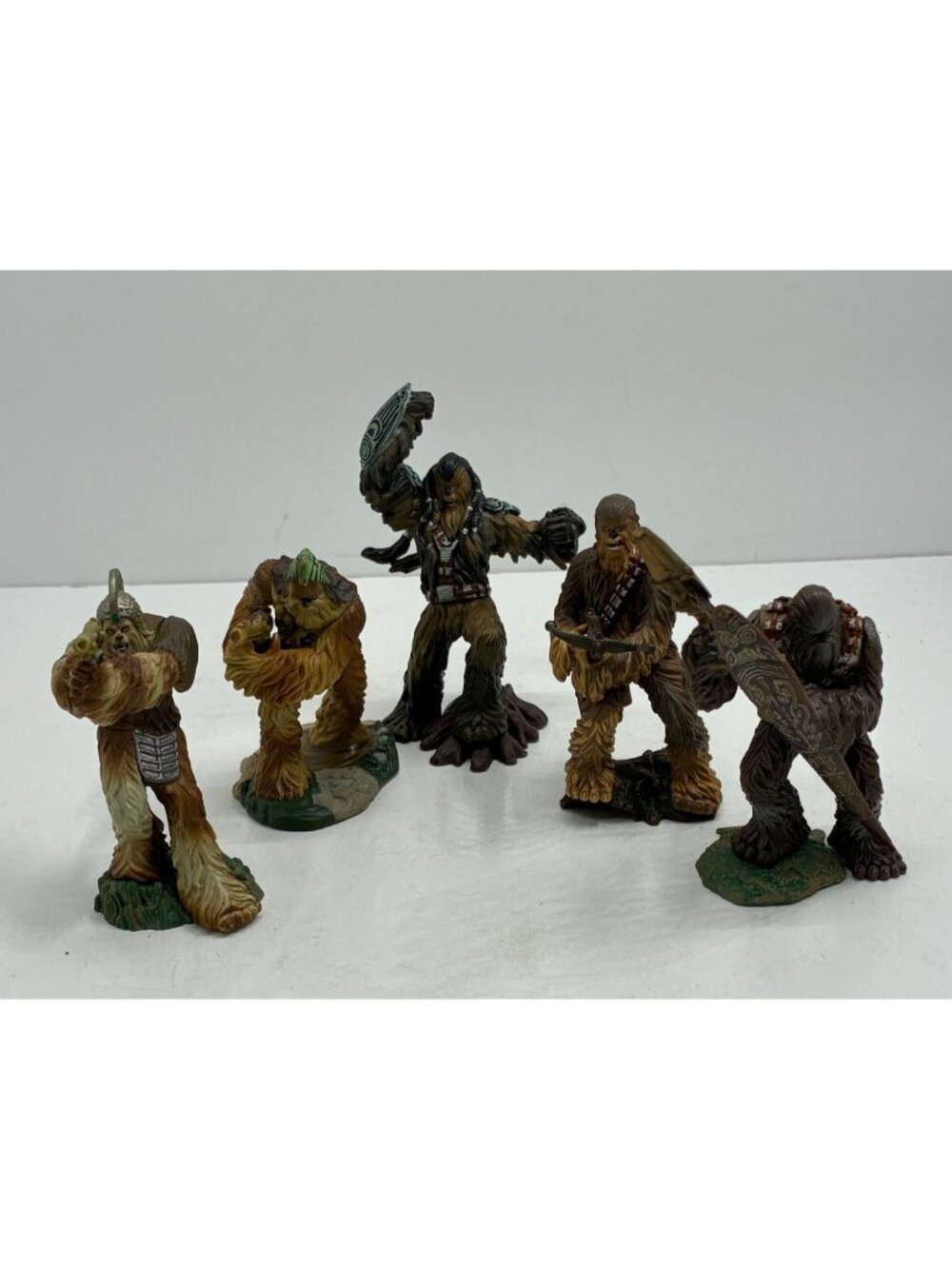 Set Of 5 Star Wars Wookiee Warrior 2005 Figures With Weapons & Stands